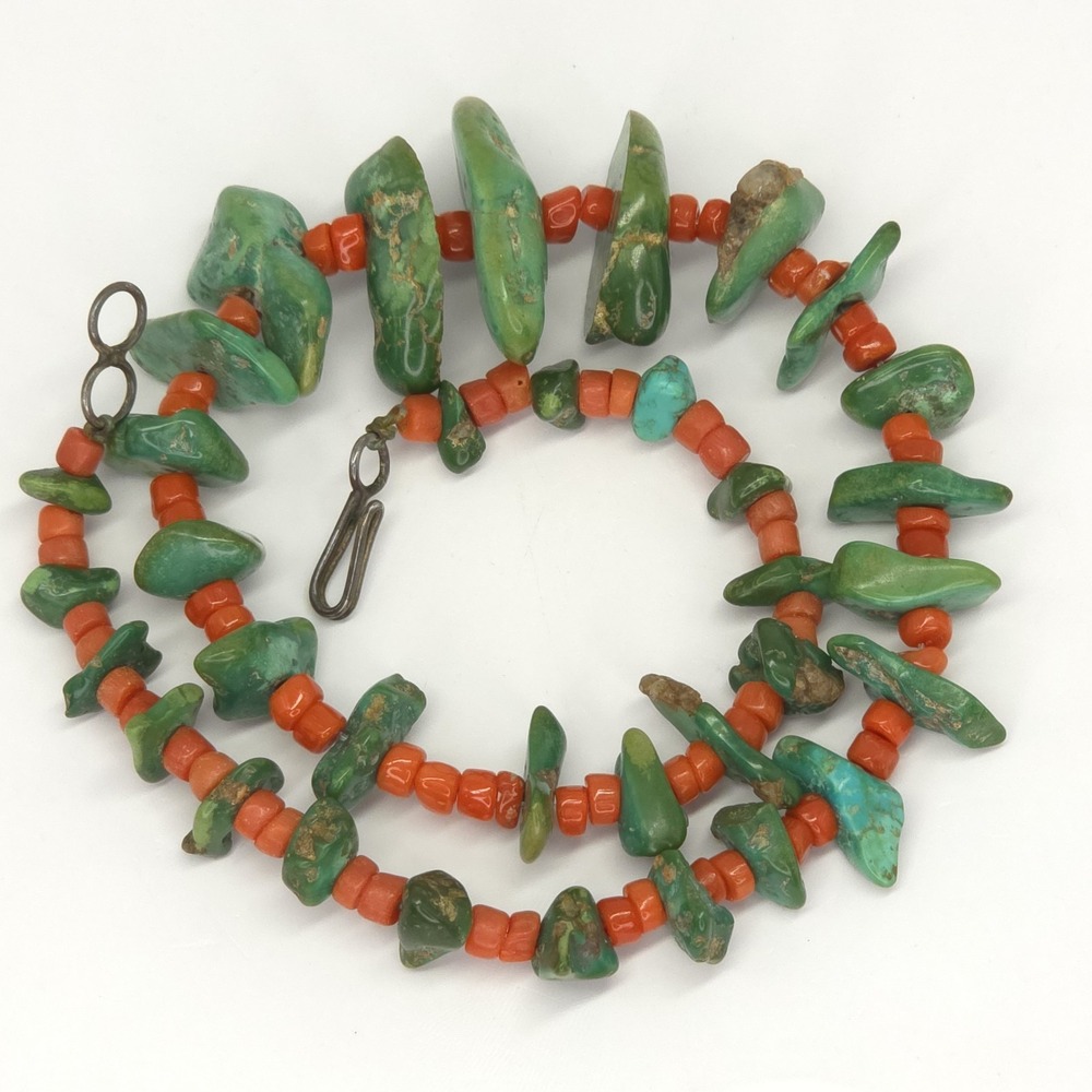 Natural Green Turquoise & Coral Heshi Necklace 16.5" Sterling Silver Native